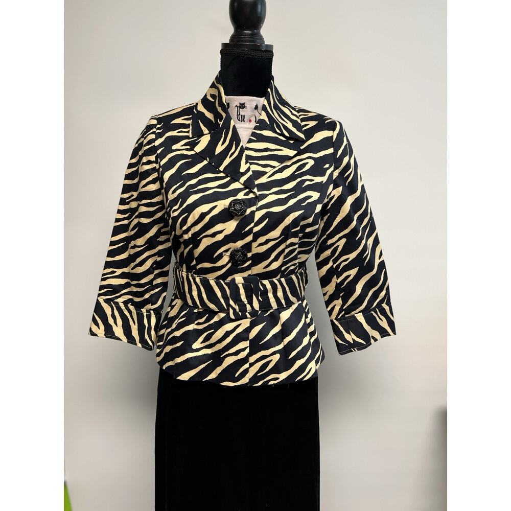 Y2K Womens Blazer Jacket Sz 6 P Animal Tiger Print Belted Whimsigoth Grunge